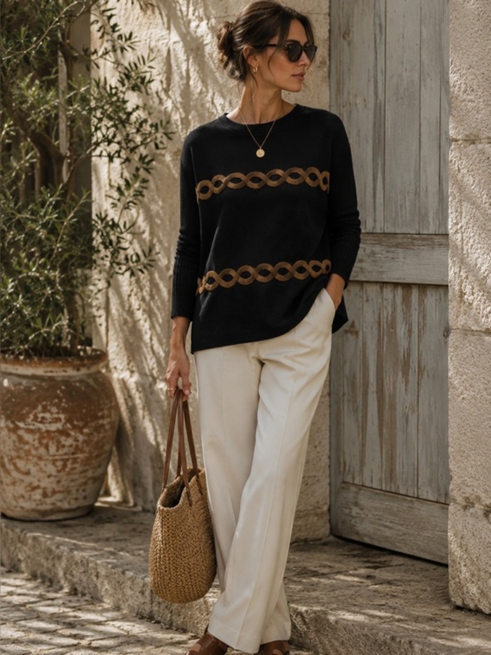 Aaeda Black Camel Chain Knit Sweater Small Oversized Quiet Luxury Equestrian